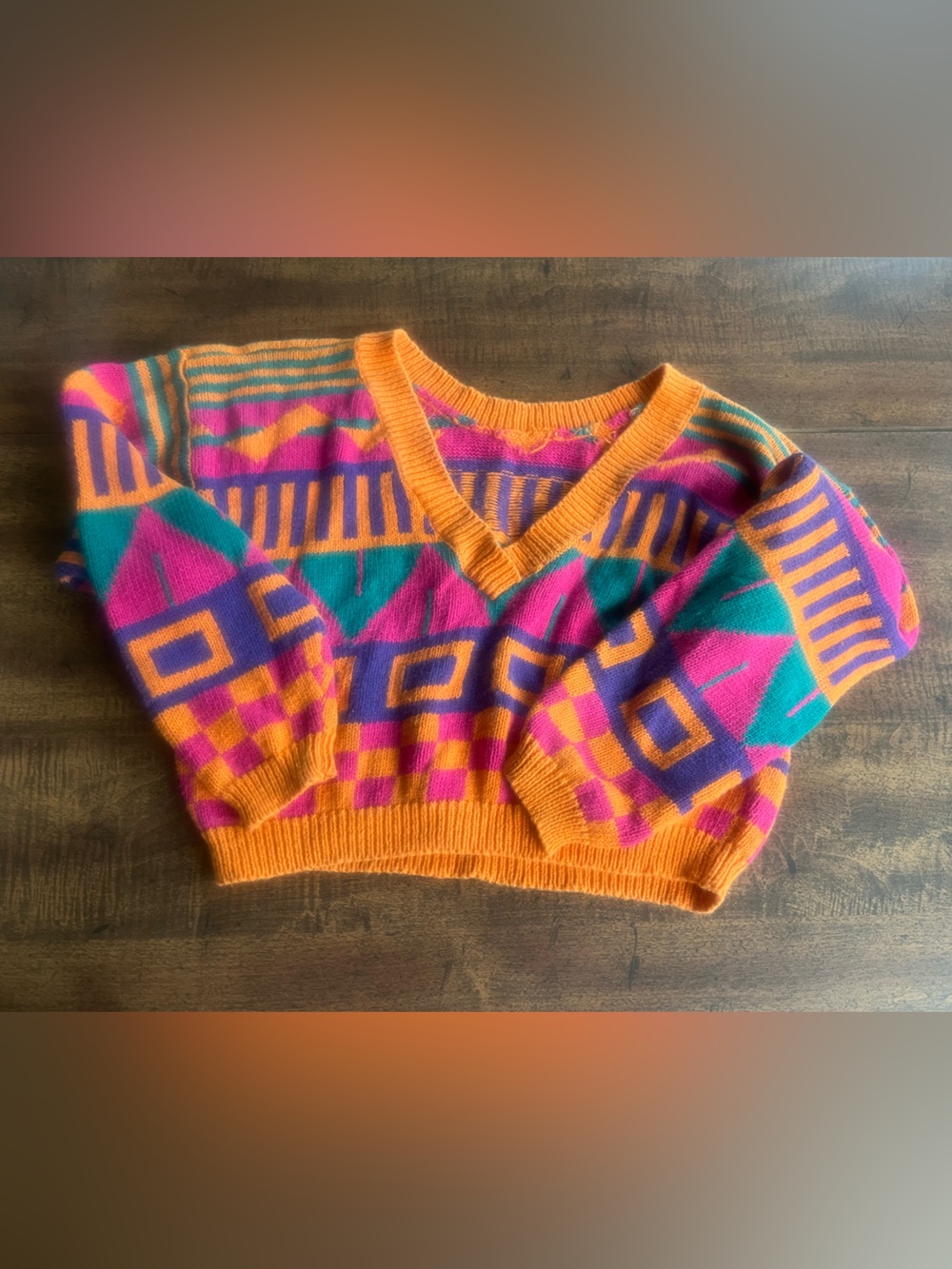 Vintage Nuovo Geometric Color Block Cropped Sweater 80s 90s Ramie Cotton Small
